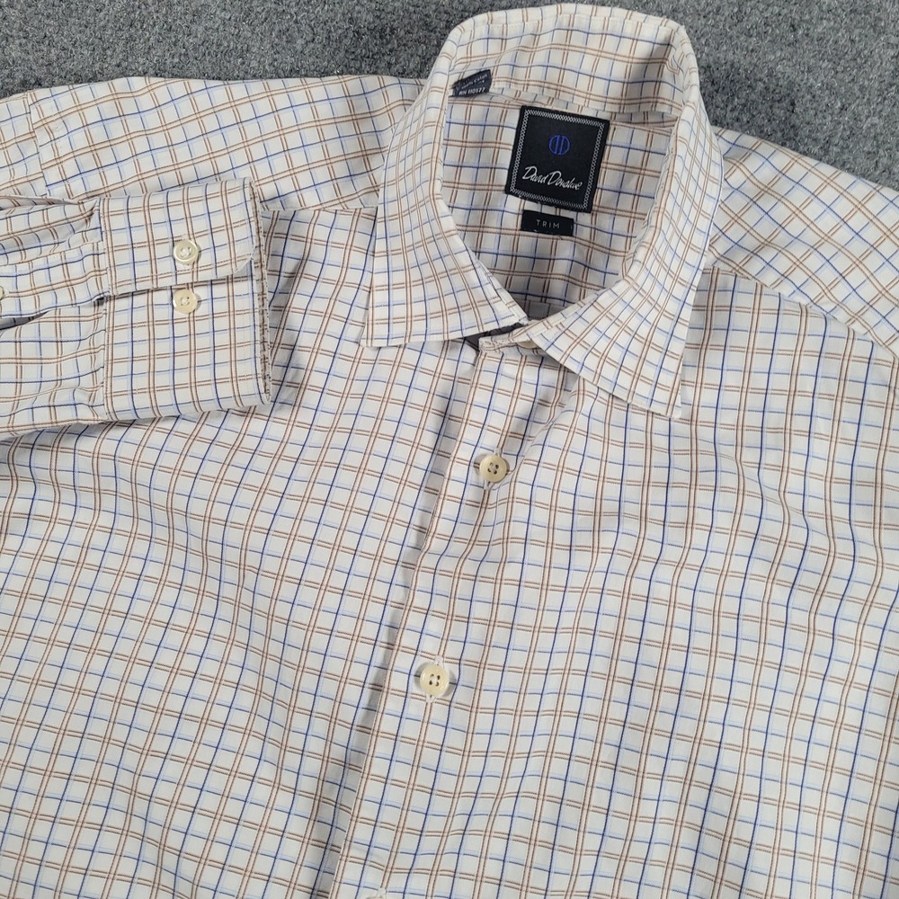 David Donahue Dress Shirt Mens 17 34/35 White Blue Brown Trim Grid Check